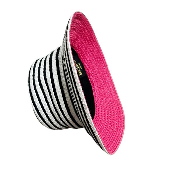 Eric Javits Braid Dame Straw Bucket Hat Black White Striped RARE PINK UPF 50+ - Picture 6 of 10